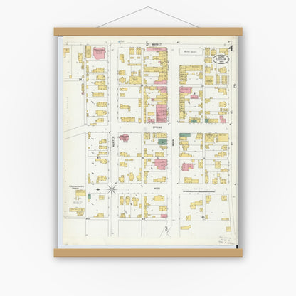 Old map wall art mockup — magnetic wood frame on white wall — Sanborn Fire Insurance Map from Logan, Hocking County, Ohio (1900), Sheet #0004