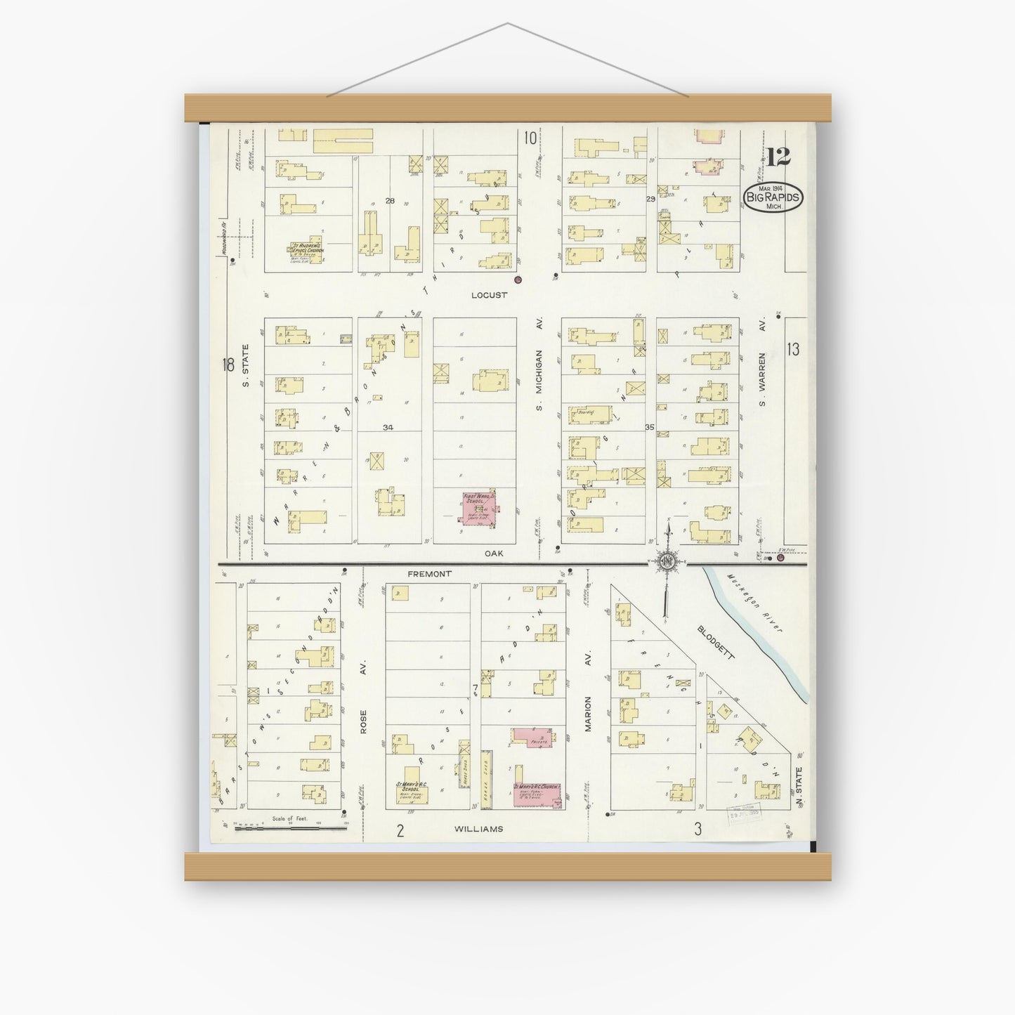 Old map wall art mockup — magnetic wood frame on white wall — Sanborn Fire Insurance Map from Big Rapids, Mecosta County, Michigan (1914), Sheet #0012
