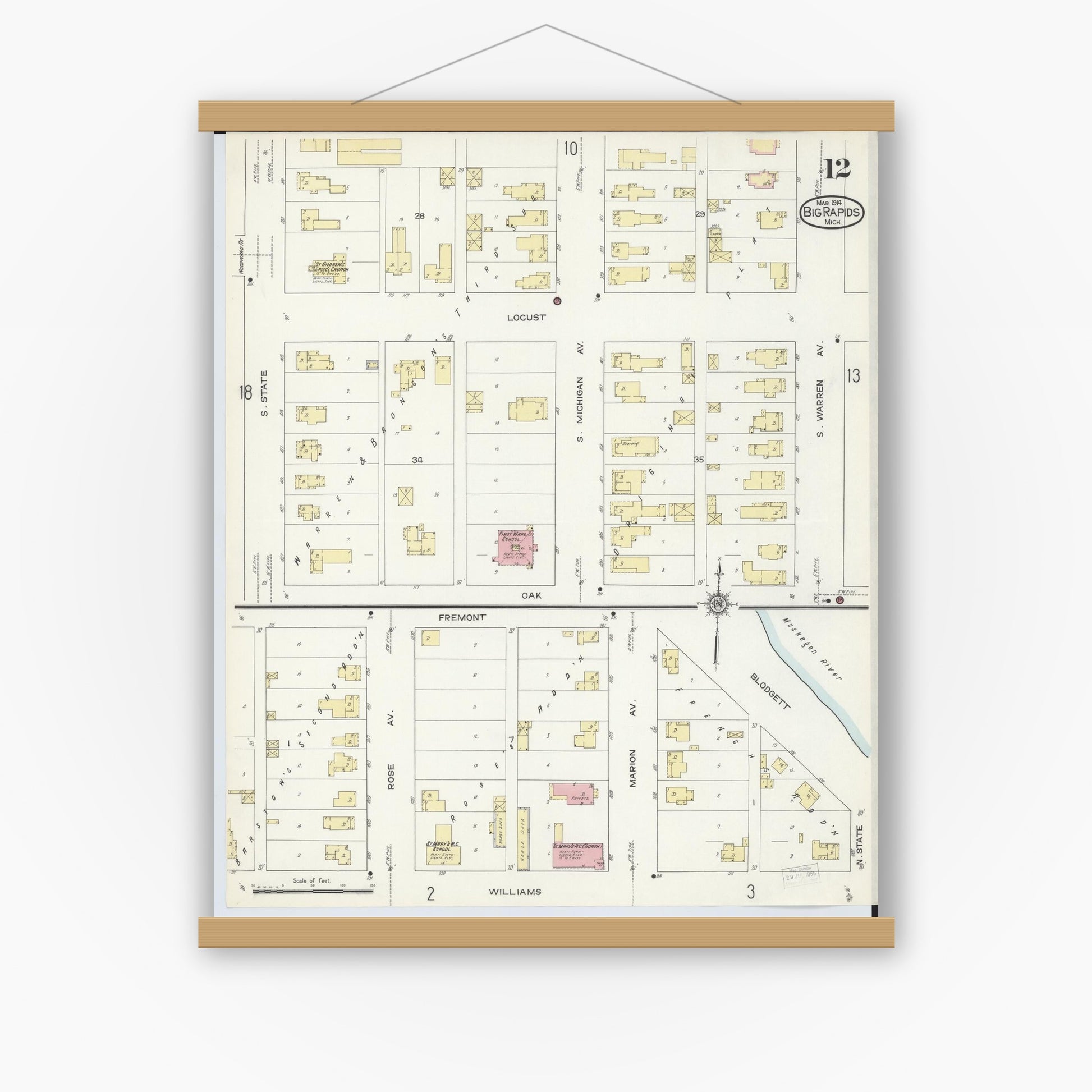 Old map wall art mockup — magnetic wood frame on white wall — Sanborn Fire Insurance Map from Big Rapids, Mecosta County, Michigan (1914), Sheet #0012