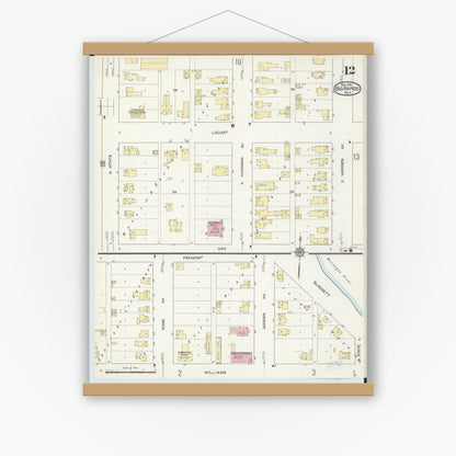 Old map wall art mockup — magnetic wood frame on white wall — Sanborn Fire Insurance Map from Big Rapids, Mecosta County, Michigan (1914), Sheet #0012