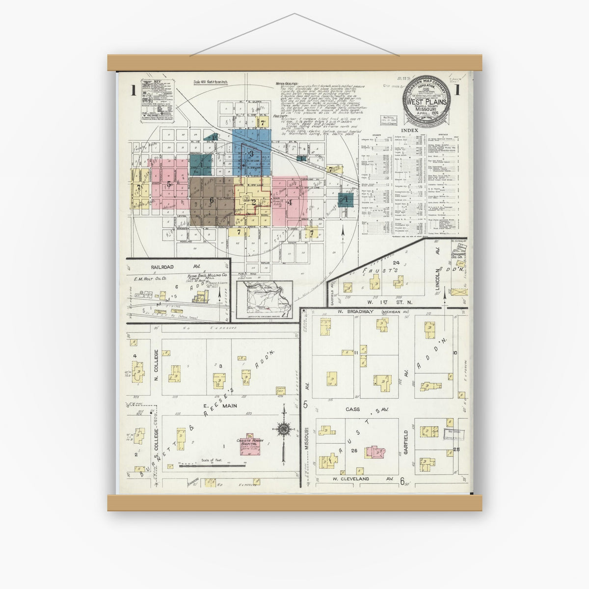 Old map wall art mockup — magnetic wood frame on white wall — Sanborn Fire Insurance Map from West Plains, Howell County, Missouri (1924) - Complete Map Set