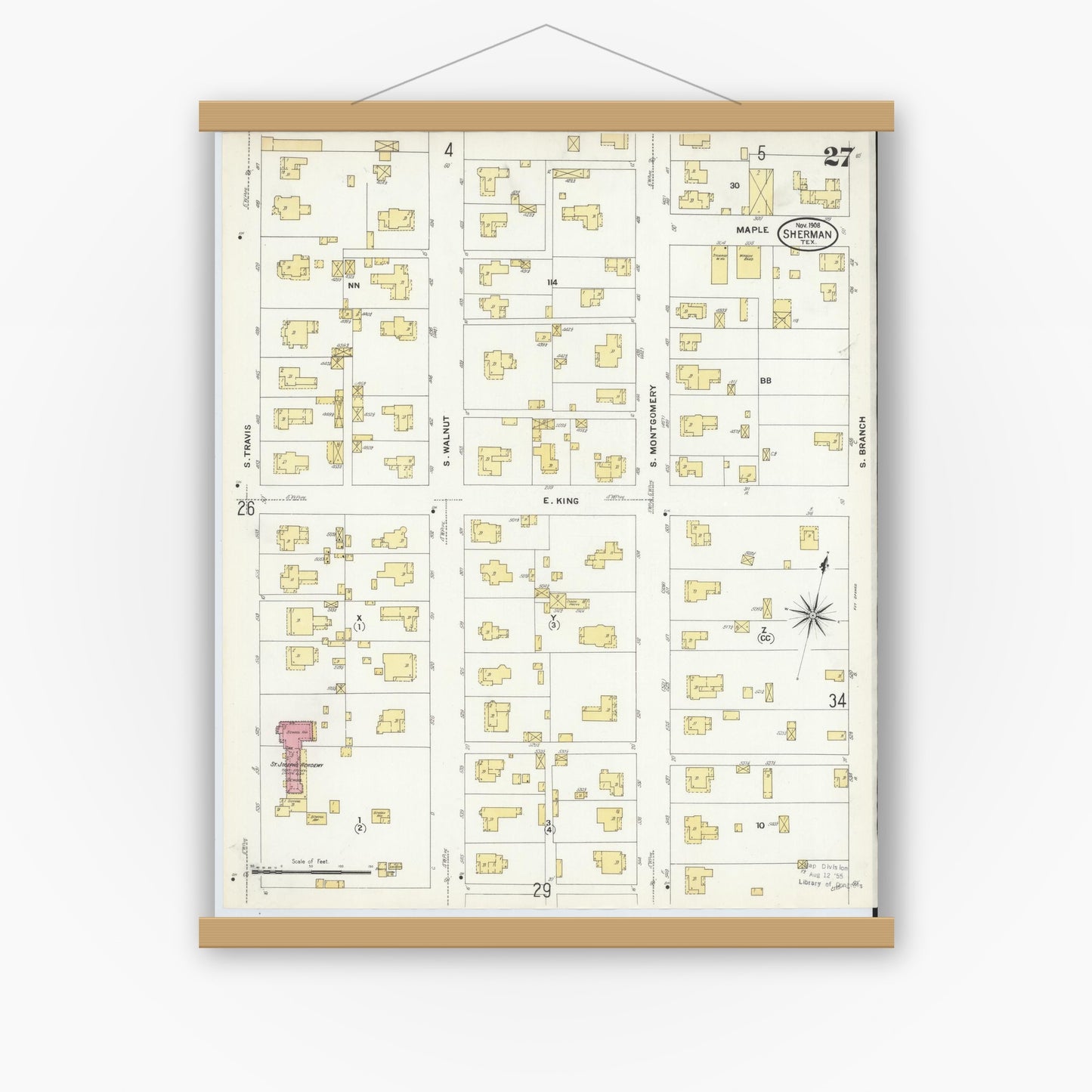 Old map wall art mockup — magnetic wood frame on white wall — Sanborn Fire Insurance Map from Sherman, Grayson County, Texas (1908), Sheet #0027