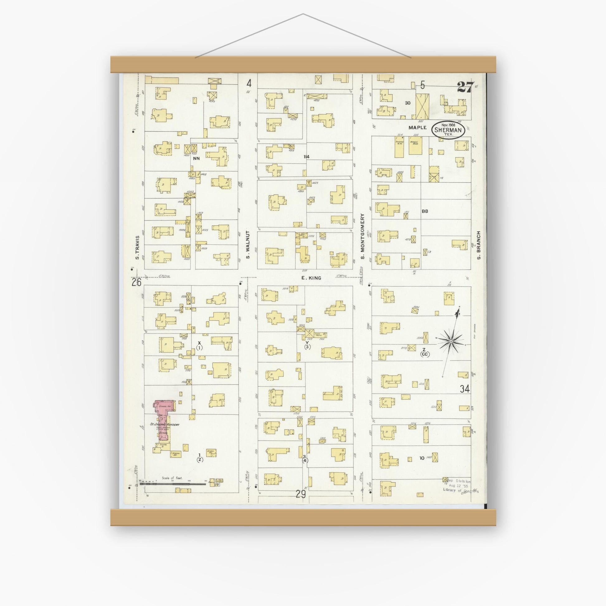 Old map wall art mockup — magnetic wood frame on white wall — Sanborn Fire Insurance Map from Sherman, Grayson County, Texas (1908), Sheet #0027