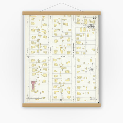 Old map wall art mockup — magnetic wood frame on white wall — Sanborn Fire Insurance Map from Sherman, Grayson County, Texas (1908), Sheet #0027