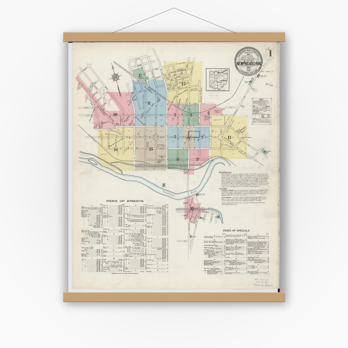 Old map wall art mockup — magnetic wood frame on white wall — Sanborn Fire Insurance Map from New Philadelphia, Tuscarawas County, Ohio (1914), Sheet #0001