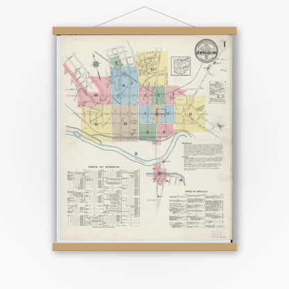 Old map wall art mockup — magnetic wood frame on white wall — Sanborn Fire Insurance Map from New Philadelphia, Tuscarawas County, Ohio (1914), Sheet #0001
