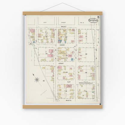 Old map wall art mockup — magnetic wood frame on white wall — Sanborn Fire Insurance Map from Martins Ferry, Belmont County, Ohio (1890), Sheet #0005