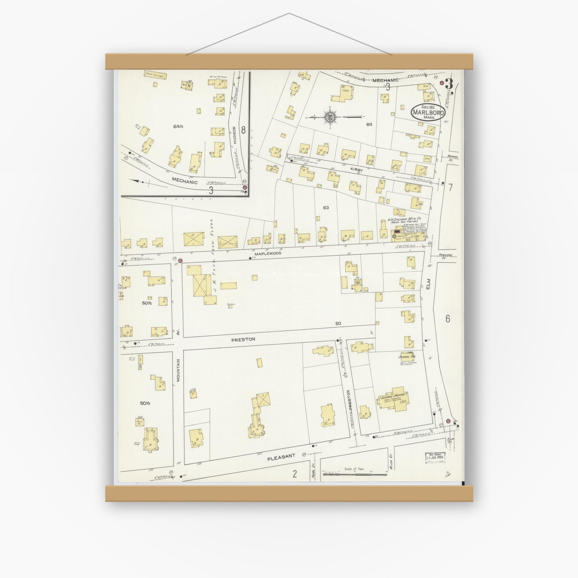 Old map wall art mockup — magnetic wood frame on white wall — Sanborn Fire Insurance Map from Marlborough, Middlesex County, Massachusetts (1912), Sheet #0003
