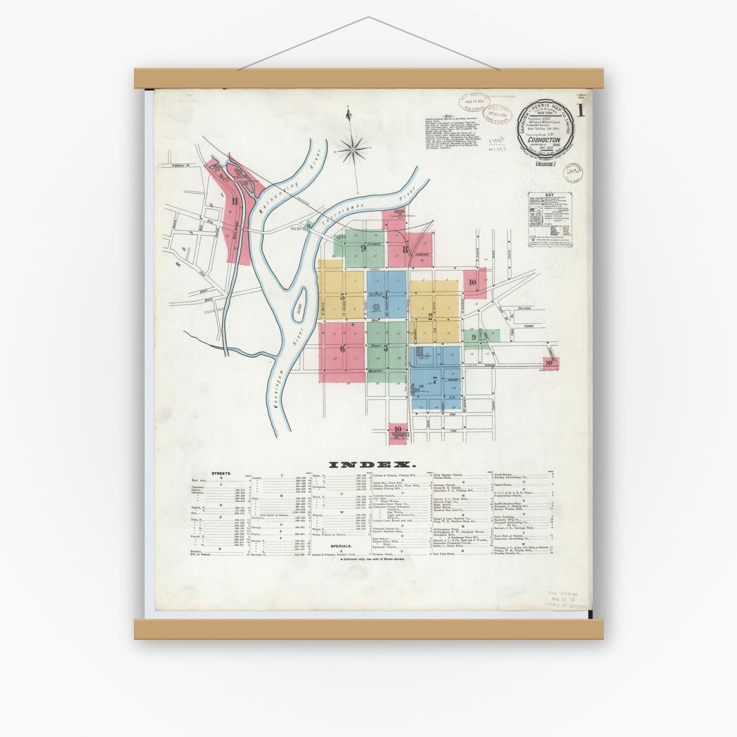 Old map wall art mockup — magnetic wood frame on white wall — Sanborn Fire Insurance Map from Coshocton, Coshocton County, Ohio (1899) - Complete Map Set