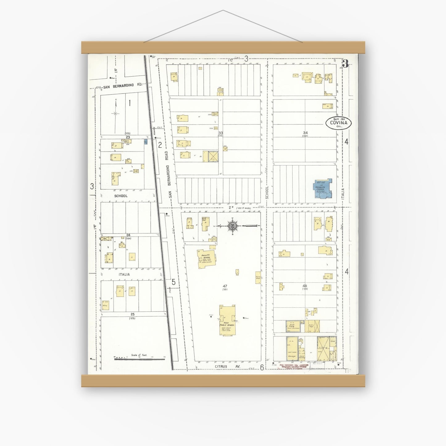 Old map wall art mockup — magnetic wood frame on white wall — Sanborn Fire Insurance Map from Covina, Los Angeles County, California (1911), Sheet #0003