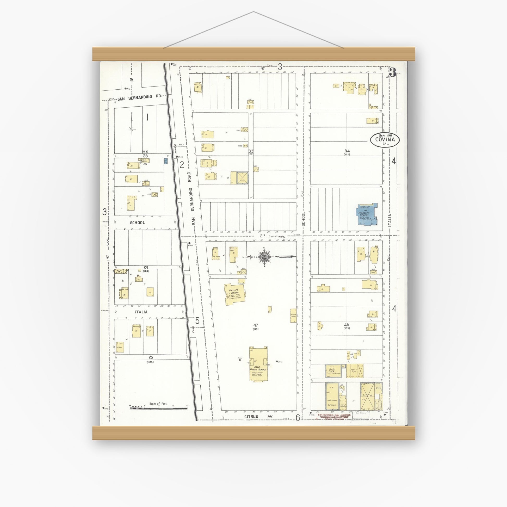 Old map wall art mockup — magnetic wood frame on white wall — Sanborn Fire Insurance Map from Covina, Los Angeles County, California (1911), Sheet #0003