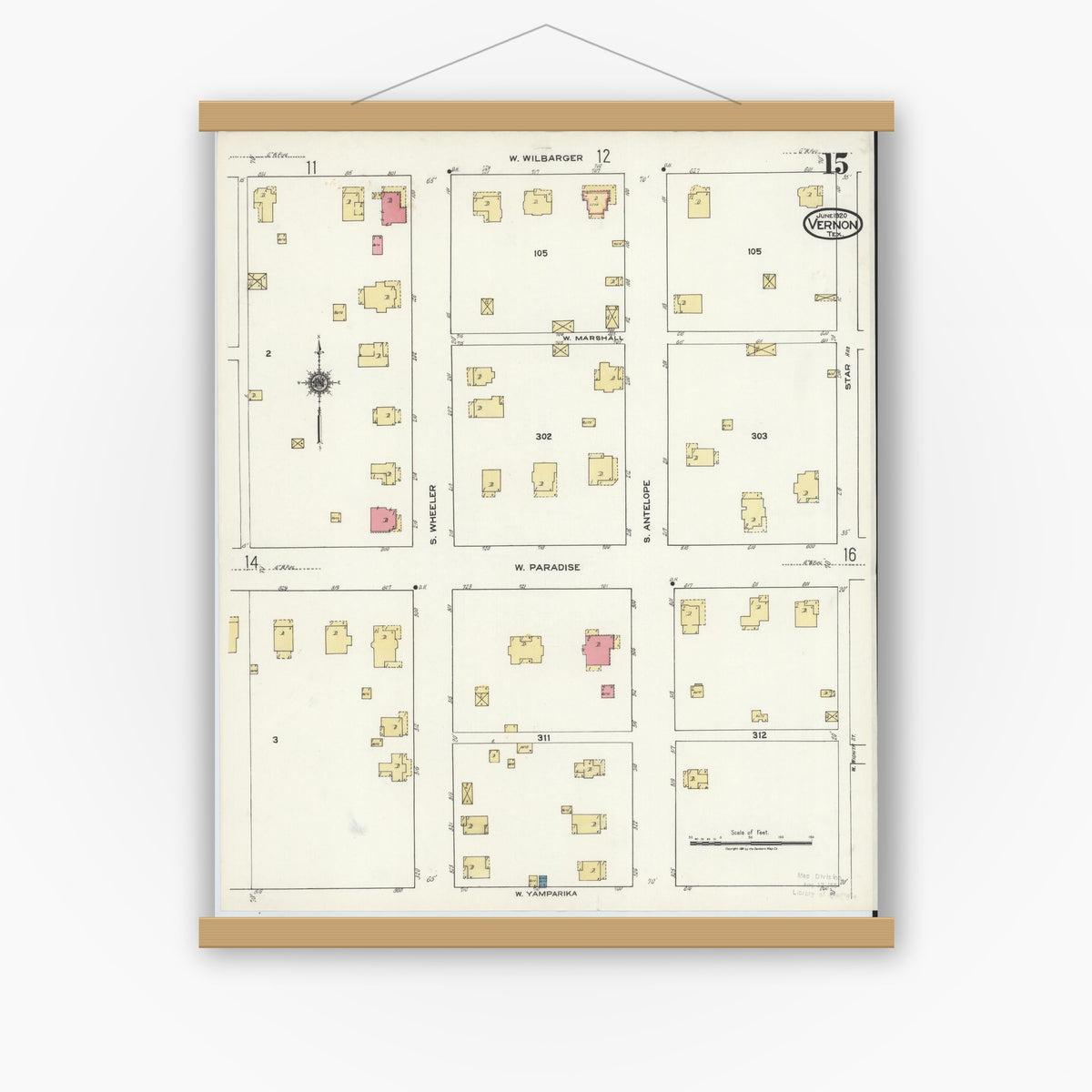 Old map wall art mockup — magnetic wood frame on white wall — Sanborn Fire Insurance Map from Vernon, Wilbarger County, Texas (1920), Sheet #0015