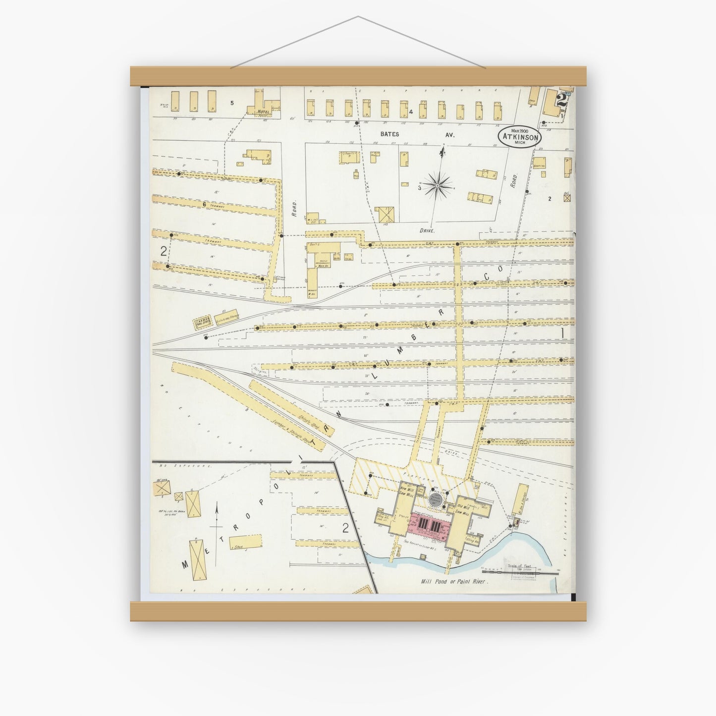 Old map wall art mockup — magnetic wood frame on white wall — Sanborn Fire Insurance Map from Atkinson, Iron County, Michigan (1900), Sheet #0002