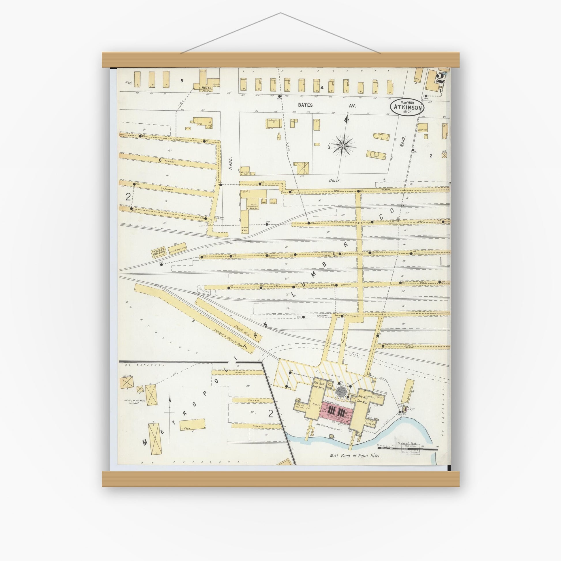 Old map wall art mockup — magnetic wood frame on white wall — Sanborn Fire Insurance Map from Atkinson, Iron County, Michigan (1900), Sheet #0002