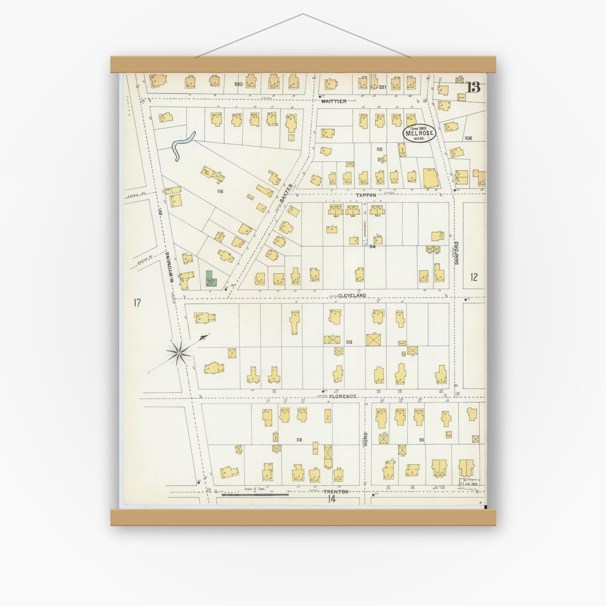 Old map wall art mockup — magnetic wood frame on white wall — Sanborn Fire Insurance Map from Melrose, Middlesex County, Massachusetts (1903), Sheet #0013