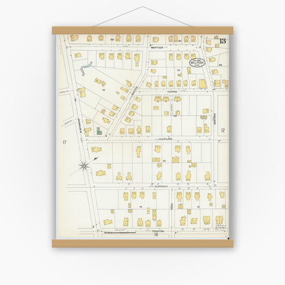 Old map wall art mockup — magnetic wood frame on white wall — Sanborn Fire Insurance Map from Melrose, Middlesex County, Massachusetts (1903), Sheet #0013