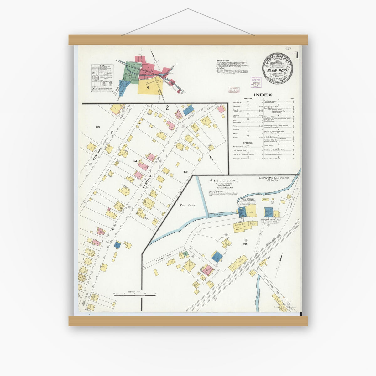 Old map wall art mockup — magnetic wood frame on white wall — Sanborn Fire Insurance Map from Glen Rock, York County, Pennsylvania (1908), Sheet #0001