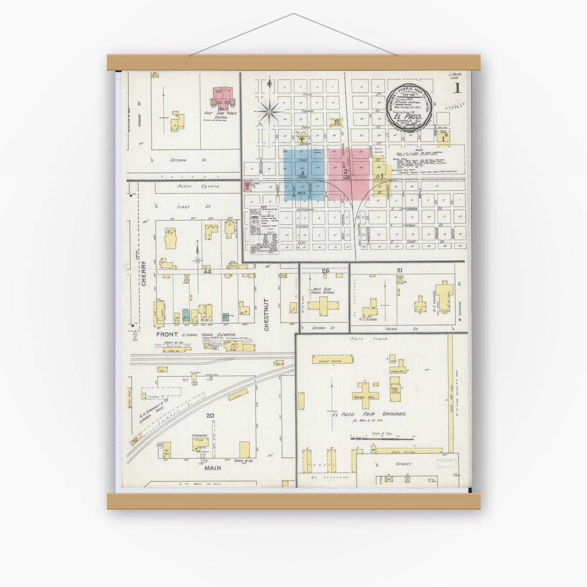 Old map wall art mockup — magnetic wood frame on white wall — Sanborn Fire Insurance Map from El Paso, Woodford County, Illinois (1892) - Complete Map Set