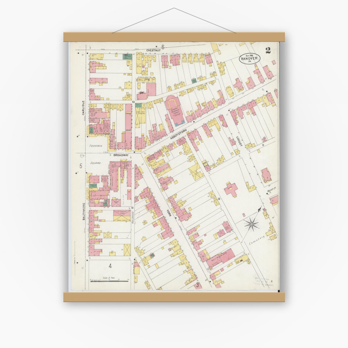 Old map wall art mockup — magnetic wood frame on white wall — Sanborn Fire Insurance Map from Hanover, York County, Pennsylvania (1902), Sheet #0002