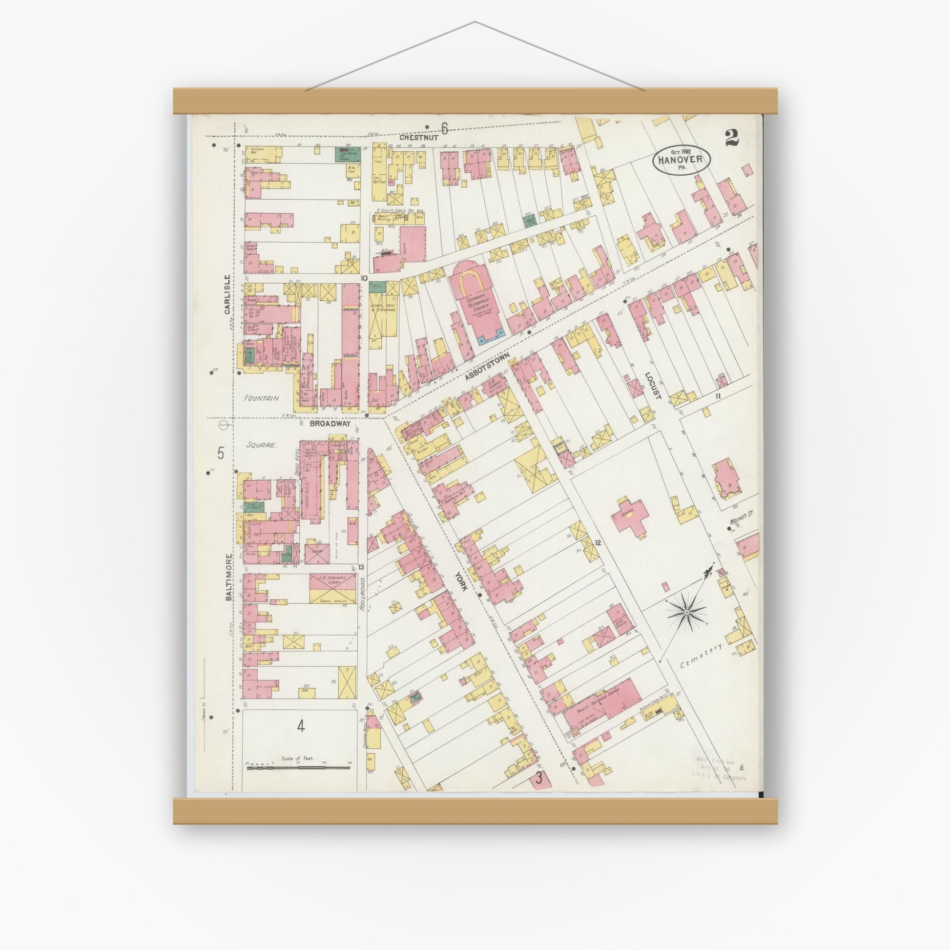 Old map wall art mockup — magnetic wood frame on white wall — Sanborn Fire Insurance Map from Hanover, York County, Pennsylvania (1902), Sheet #0002