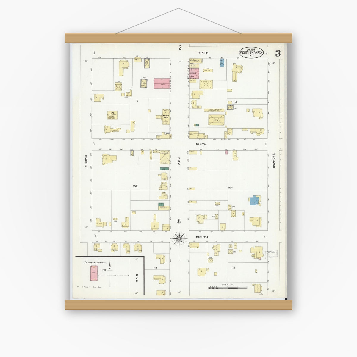 Old map wall art mockup — magnetic wood frame on white wall — Sanborn Fire Insurance Map from Scotland Neck, Halifax County, North Carolina (1908), Sheet #0003