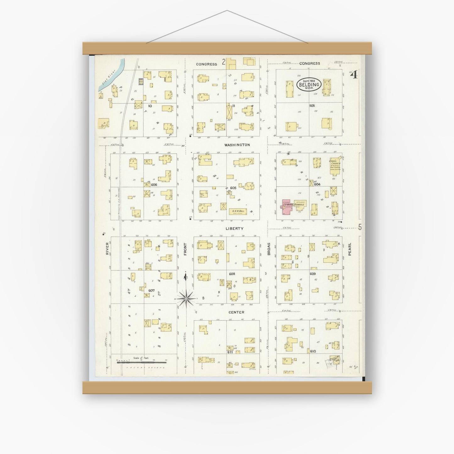 Old map wall art mockup — magnetic wood frame on white wall — Sanborn Fire Insurance Map from Belding, Ionia County, Michigan (1908), Sheet #0004