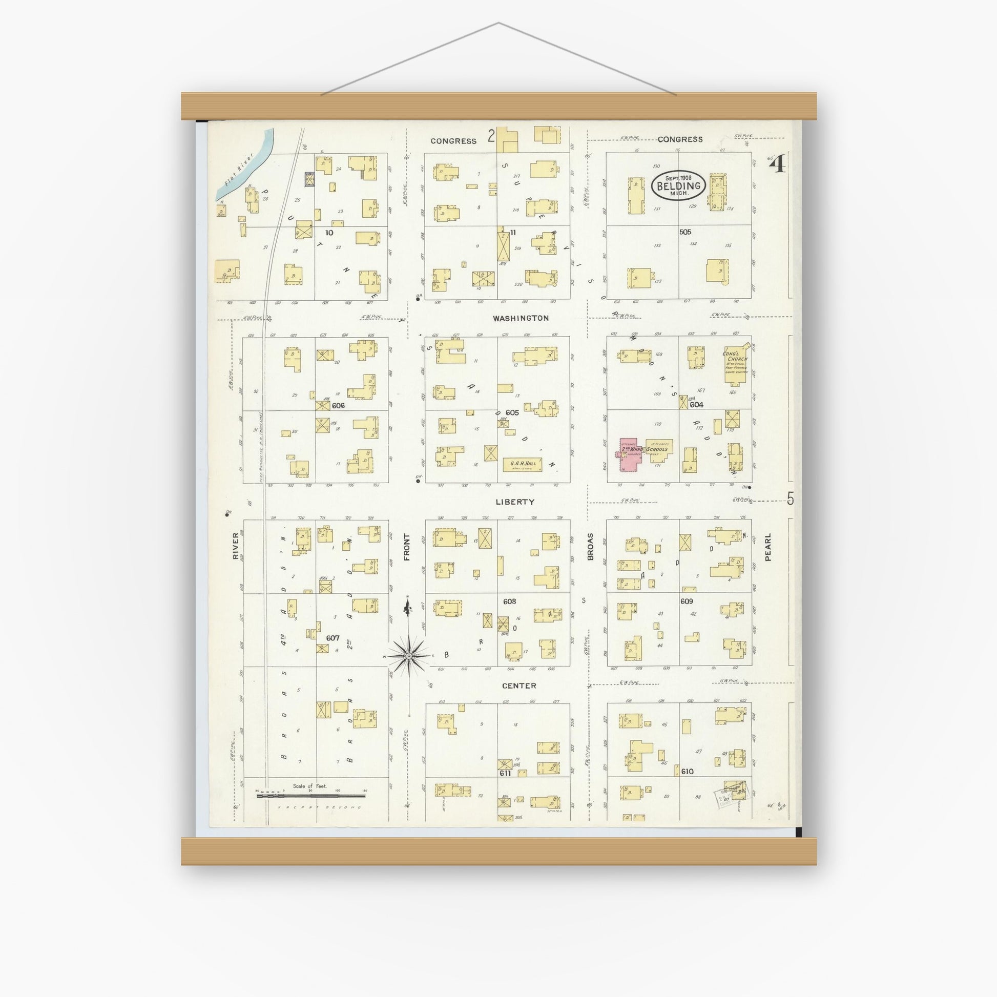 Old map wall art mockup — magnetic wood frame on white wall — Sanborn Fire Insurance Map from Belding, Ionia County, Michigan (1908), Sheet #0004