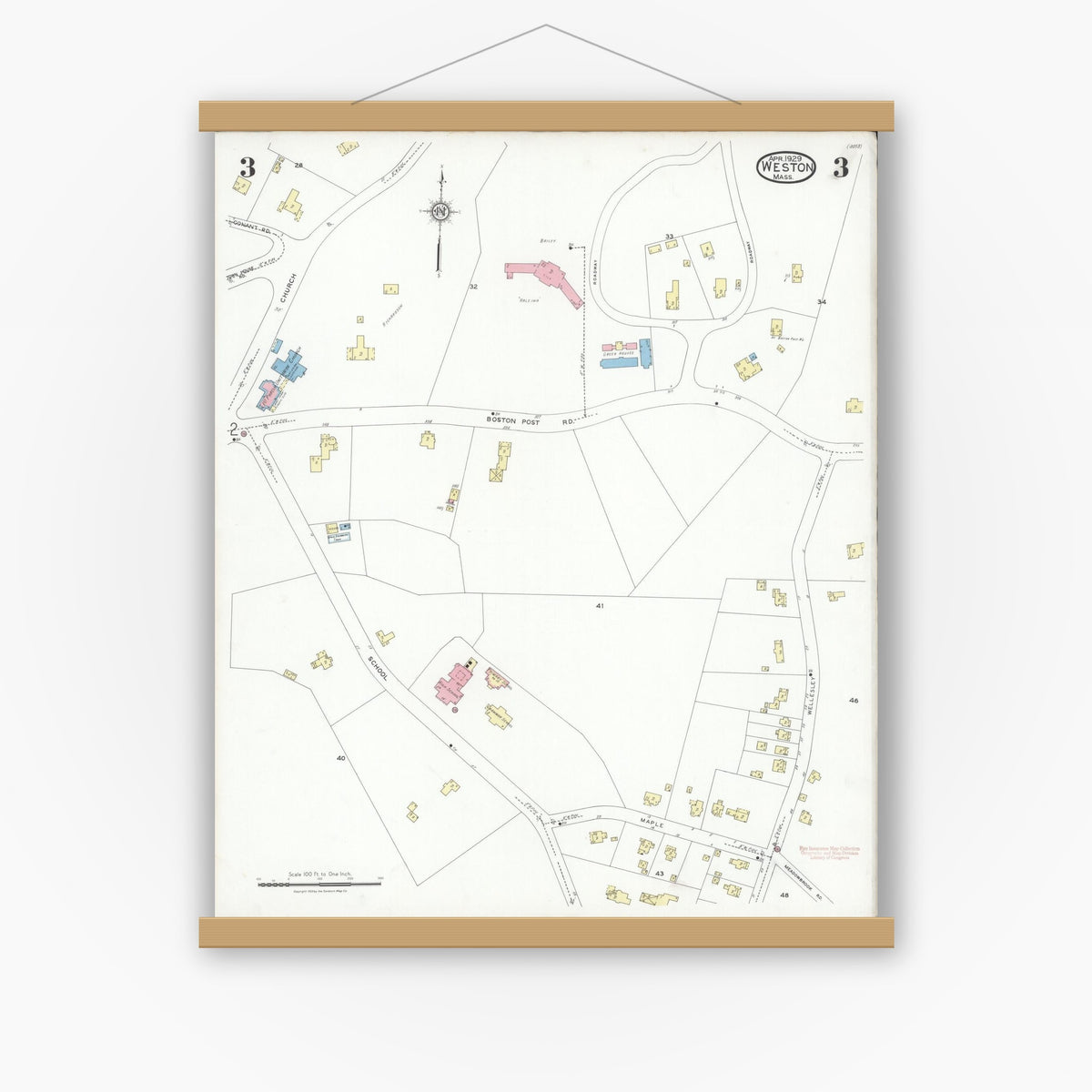 Old map wall art mockup — magnetic wood frame on white wall — Sanborn Fire Insurance Map from Weston, Middlesex County, Massachusetts (1929), Sheet #0003