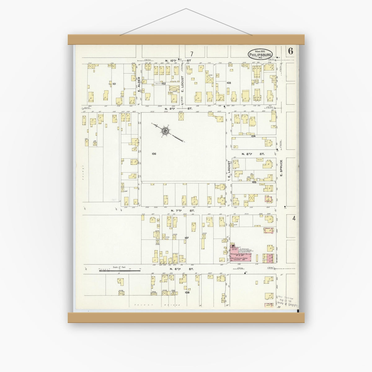 Old map wall art mockup — magnetic wood frame on white wall — Sanborn Fire Insurance Map from Philipsburg, Centre County, Pennsylvania (1910), Sheet #0006