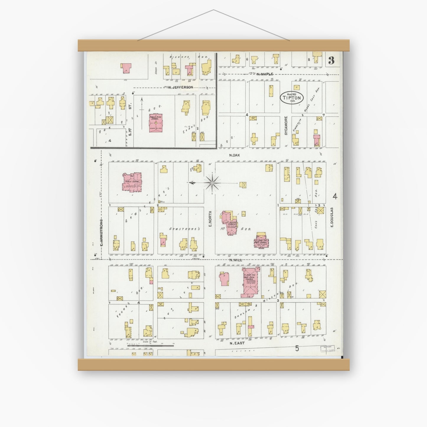 Old map wall art mockup — magnetic wood frame on white wall — Sanborn Fire Insurance Map from Tipton, Tipton County, Indiana (1902), Sheet #0003