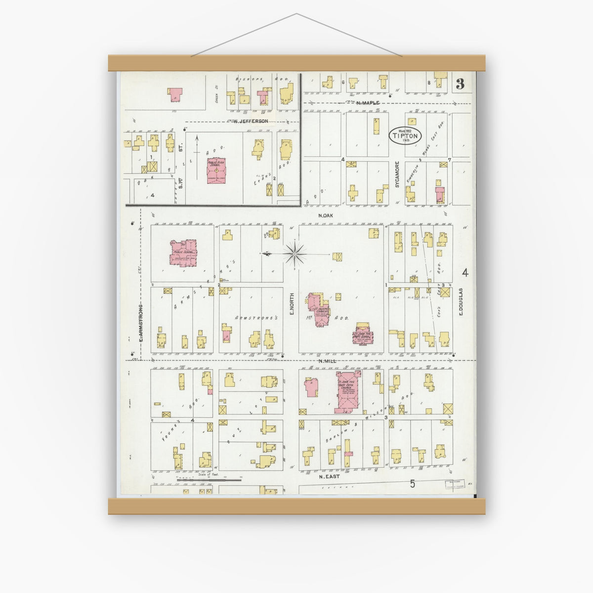 Old map wall art mockup — magnetic wood frame on white wall — Sanborn Fire Insurance Map from Tipton, Tipton County, Indiana (1902), Sheet #0003