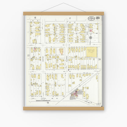Old map wall art mockup — magnetic wood frame on white wall — Sanborn Fire Insurance Map from Columbus, Bartholomew County, Indiana (1912), Sheet #0023