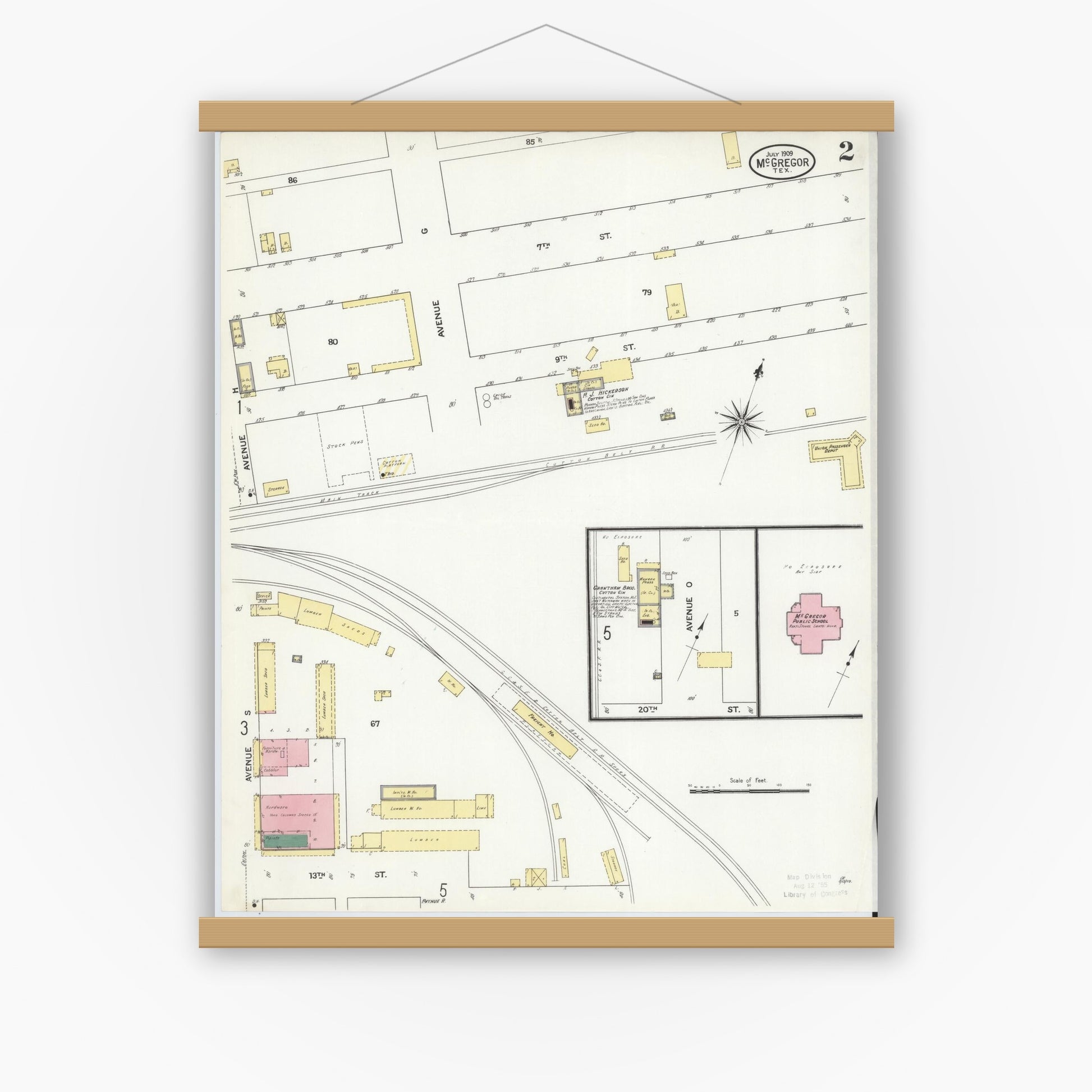 Old map wall art mockup — magnetic wood frame on white wall — Sanborn Fire Insurance Map from McGregor, McLennan County, Texas (1909), Sheet #0002