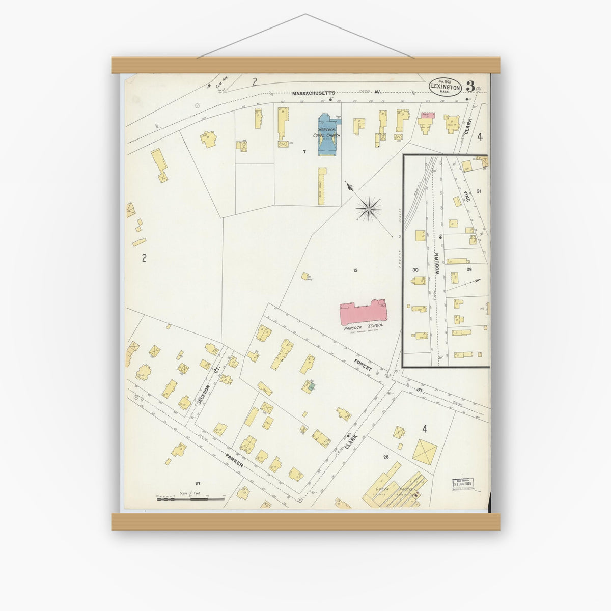 Old map wall art mockup — magnetic wood frame on white wall — Sanborn Fire Insurance Map from Lexington, Middlesex County, Massachusetts (1903), Sheet #0003