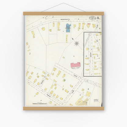 Old map wall art mockup — magnetic wood frame on white wall — Sanborn Fire Insurance Map from Lexington, Middlesex County, Massachusetts (1903), Sheet #0003