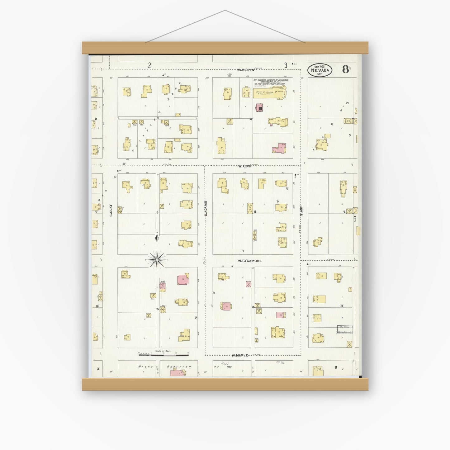 Old map wall art mockup — magnetic wood frame on white wall — Sanborn Fire Insurance Map from Nevada, Vernon County, Missouri (1906), Sheet #0008