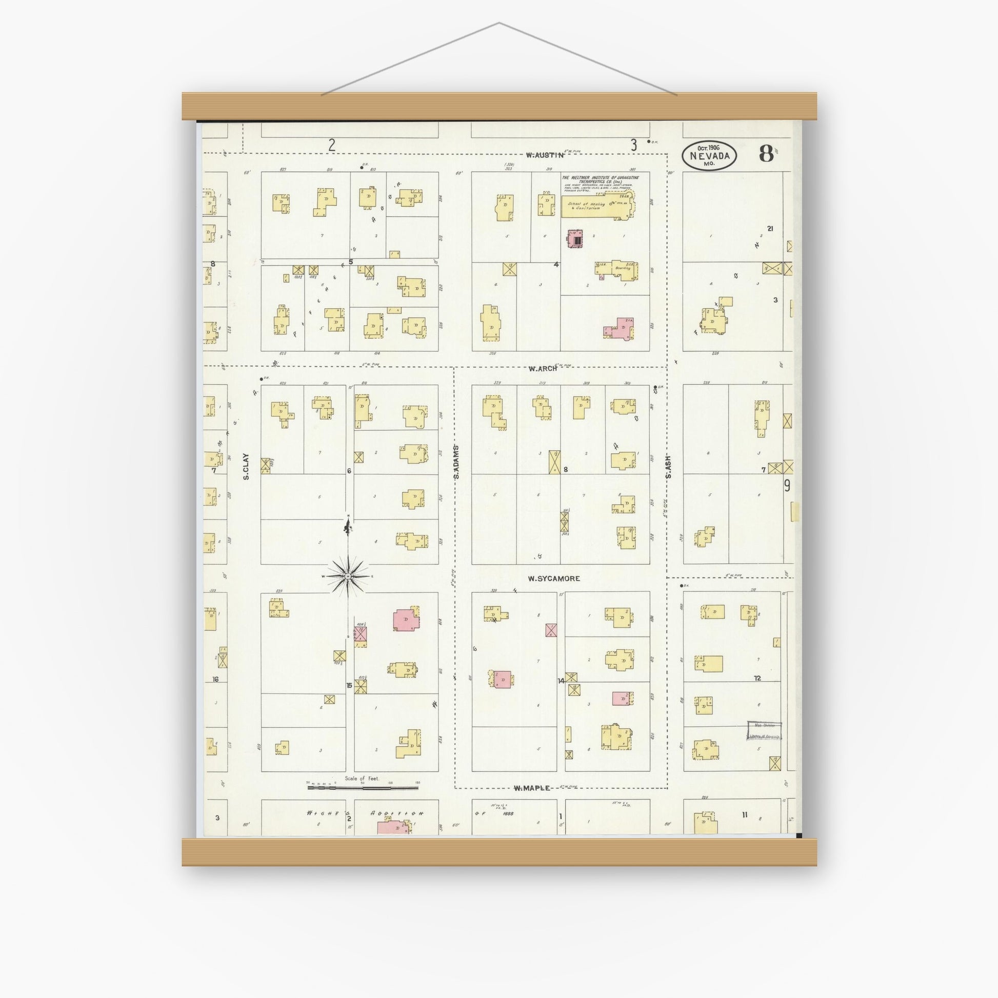 Old map wall art mockup — magnetic wood frame on white wall — Sanborn Fire Insurance Map from Nevada, Vernon County, Missouri (1906), Sheet #0008