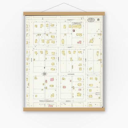 Old map wall art mockup — magnetic wood frame on white wall — Sanborn Fire Insurance Map from Nevada, Vernon County, Missouri (1906), Sheet #0008