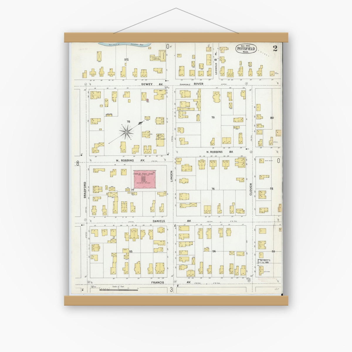 Old map wall art mockup — magnetic wood frame on white wall — Sanborn Fire Insurance Map from Pittsfield, Berkshire County, Massachusetts (1900), Sheet #0002