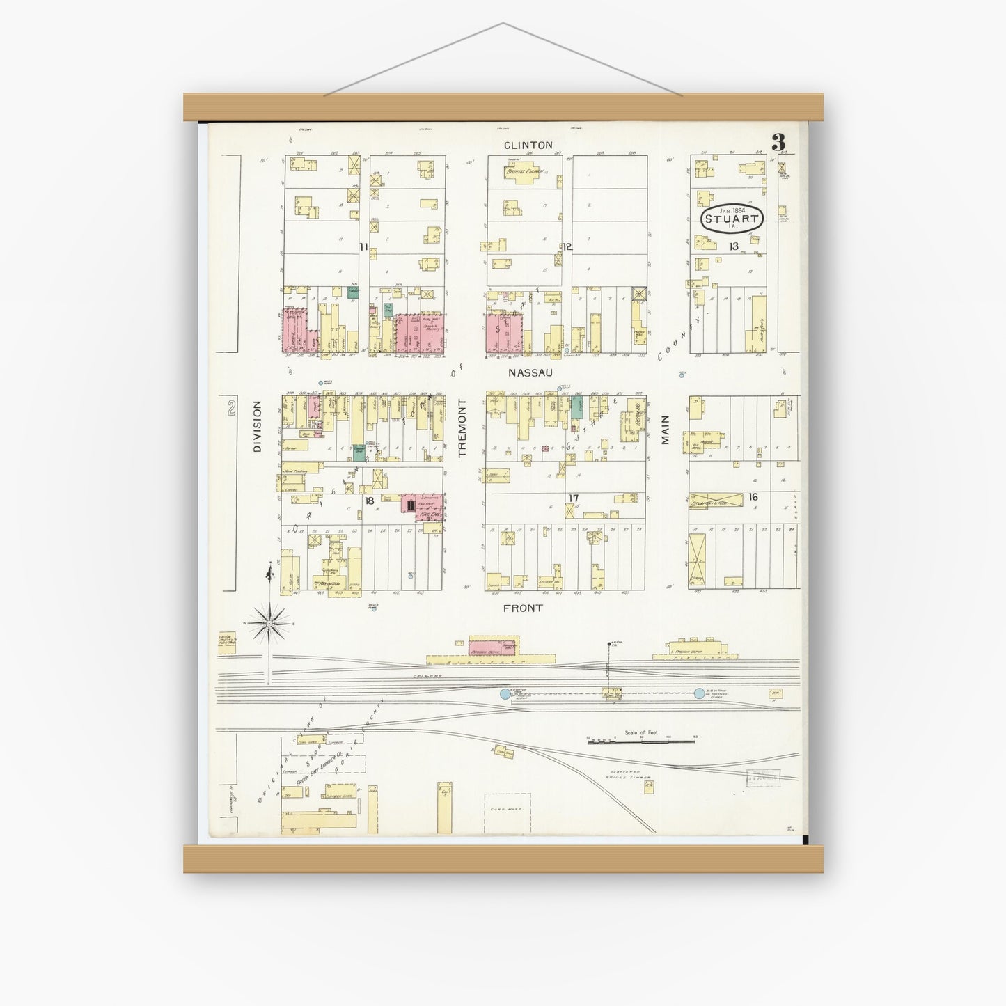 Old map wall art mockup — magnetic wood frame on white wall — Sanborn Fire Insurance Map from Stuart, Guthrie and Adair Counties, Iowa (1894), Sheet #0003