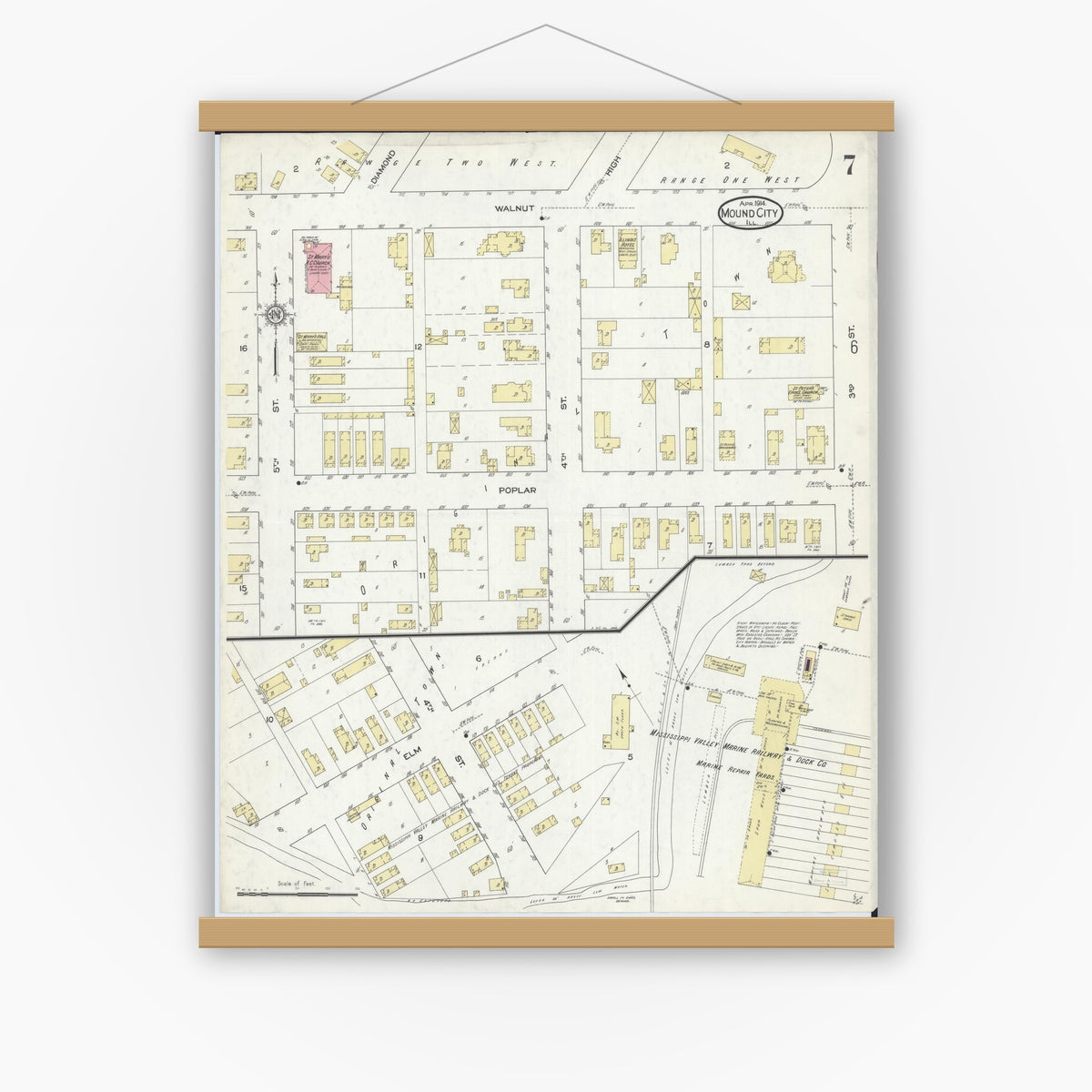 Old map wall art mockup — magnetic wood frame on white wall — Sanborn Fire Insurance Map from Mound City, Pulaski County, Illinois (1914), Sheet #0007