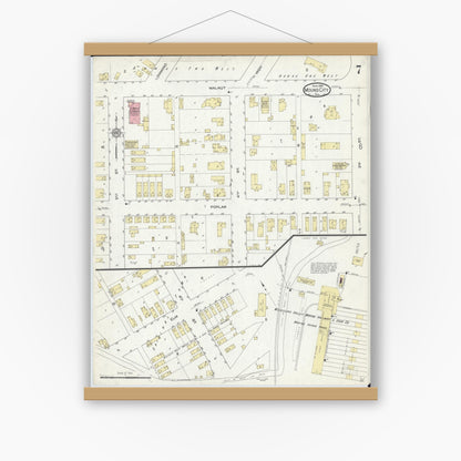 Old map wall art mockup — magnetic wood frame on white wall — Sanborn Fire Insurance Map from Mound City, Pulaski County, Illinois (1914), Sheet #0007