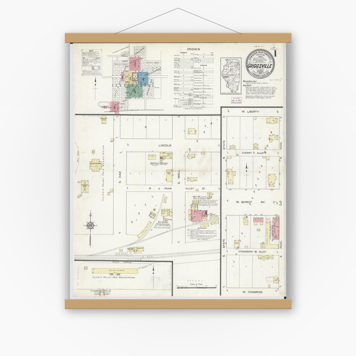 Old map wall art mockup — magnetic wood frame on white wall — Sanborn Fire Insurance Map from Griggsville, Pike County, Illinois (1913), Sheet #0001