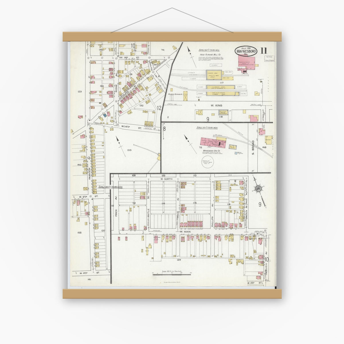 Old map wall art mockup — magnetic wood frame on white wall — Sanborn Fire Insurance Map from Waynesboro, Franklin County, Pennsylvania (1916), Sheet #0011