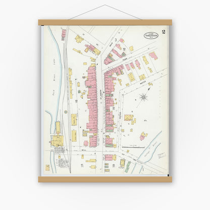 Old map wall art mockup — magnetic wood frame on white wall — Sanborn Fire Insurance Map from Three Rivers, Saint Joseph County, Michigan (1899), Sheet #0002