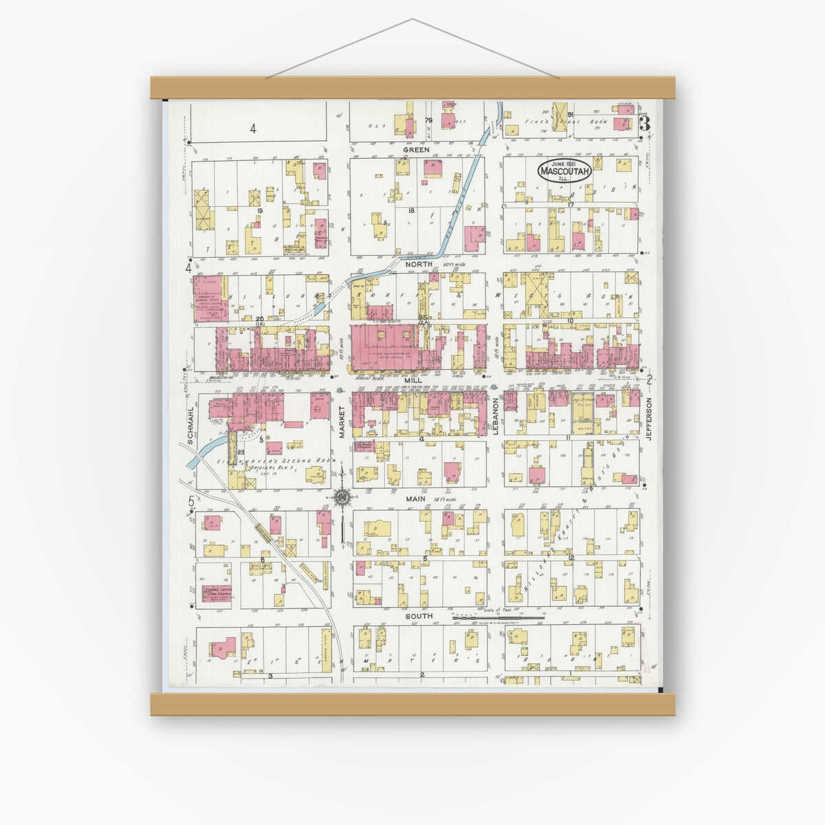 Old map wall art mockup — magnetic wood frame on white wall — Sanborn Fire Insurance Map from Mascoutah, Saint Clair County, Illinois (1921), Sheet #0003