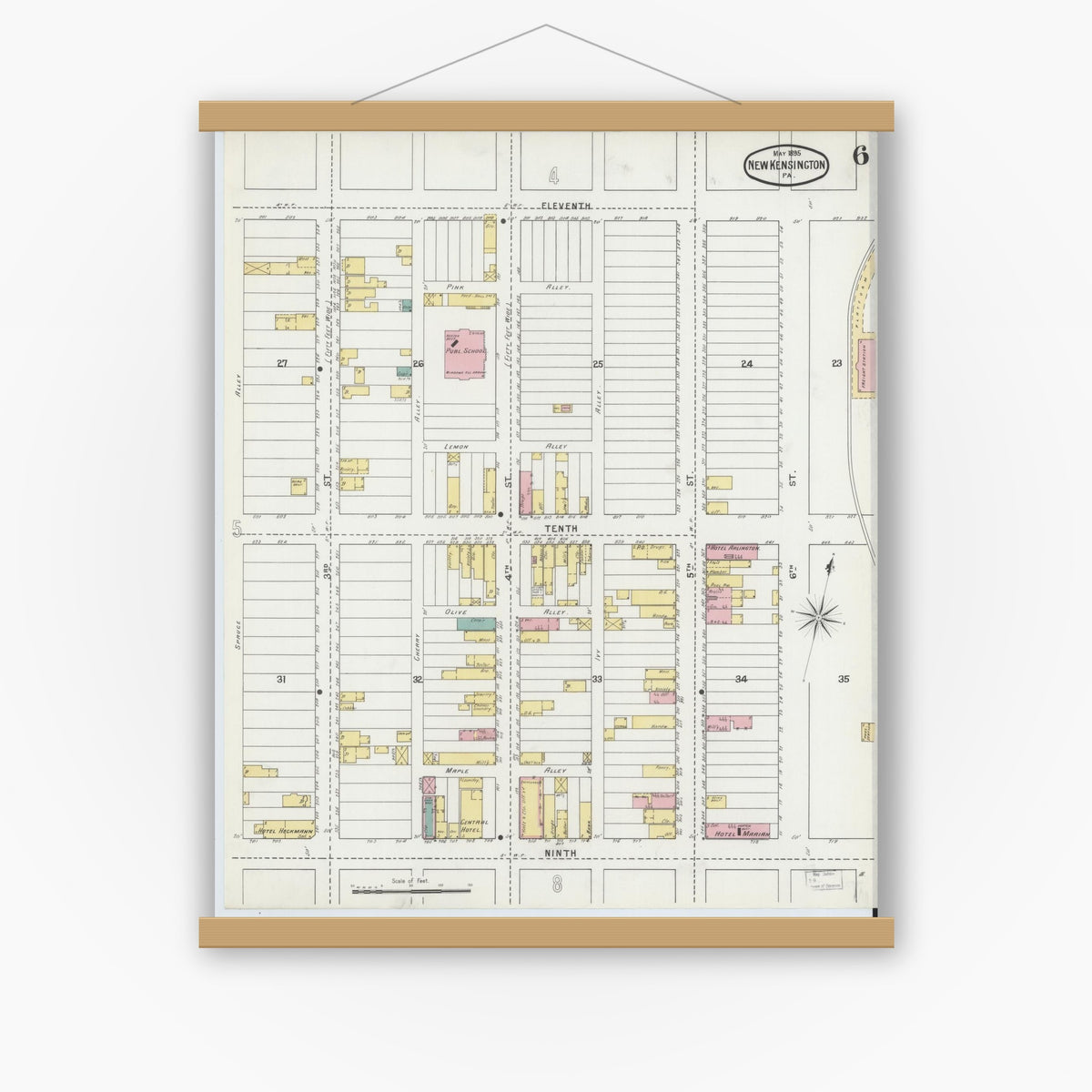 Old map wall art mockup — magnetic wood frame on white wall — Sanborn Fire Insurance Map from New Kensington, Westmoreland County, Pennsylvania (1895), Sheet #0006