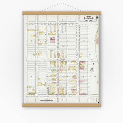 Old map wall art mockup — magnetic wood frame on white wall — Sanborn Fire Insurance Map from New Kensington, Westmoreland County, Pennsylvania (1895), Sheet #0006
