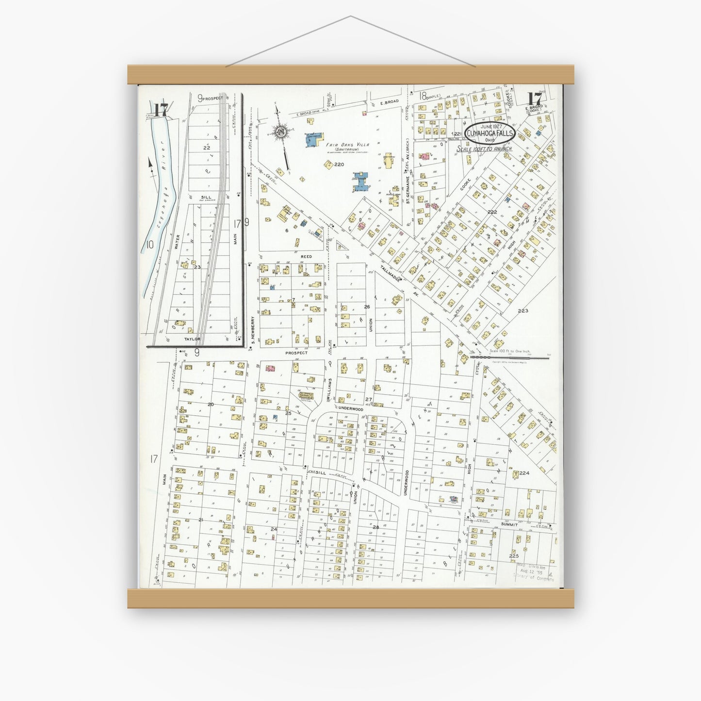 Old map wall art mockup — magnetic wood frame on white wall — Sanborn Fire Insurance Map from Cuyahoga Falls, Summit County, Ohio (1927), Sheet #0017