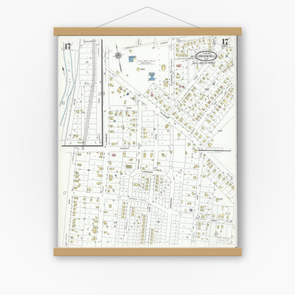 Old map wall art mockup — magnetic wood frame on white wall — Sanborn Fire Insurance Map from Cuyahoga Falls, Summit County, Ohio (1927), Sheet #0017
